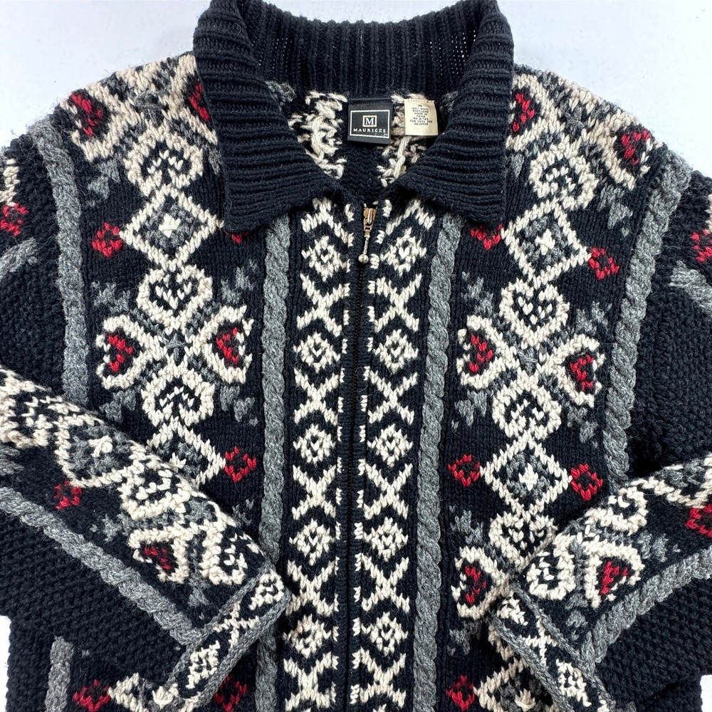 Maurices Vintage Wool‎ Sweater Womens Medium Black Fair Isle Full Zip Cardigan